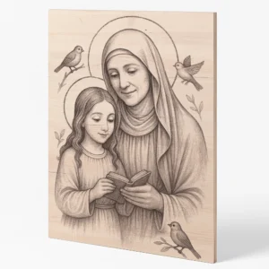 Dřevěná ikona svaté Anny, která drží s malou Marií knihu. (Informativní obrázek – zobrazuje detailní vyobrazení patronky rodin.)