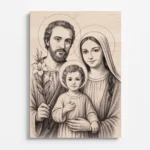 Vygravírovaný obraz Svaté rodiny – Ježíš, Panna Maria a svatý Josef na bukové překližce, čelní pohled.