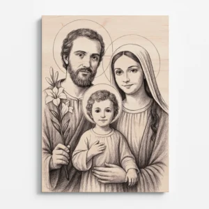 Vygravírovaný obraz Svaté rodiny – Ježíš, Panna Maria a svatý Josef na bukové překližce, čelní pohled.