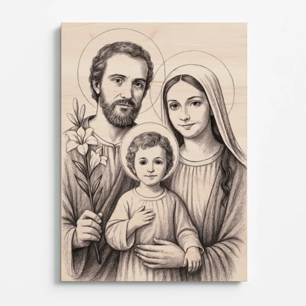 Vygravírovaný obraz Svaté rodiny – Ježíš, Panna Maria a svatý Josef na bukové překližce, čelní pohled.