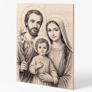Dřevěný obraz Svaté rodiny vygravírovaný do bukové překližky, zobrazený z bočního úhlu.