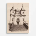 Dřevěný obraz s laserovým gravírováním baziliky Nanebevzetí Panny Marie na Svatém Hostýně, detailní zobrazení schodiště a architektury poutního místa.