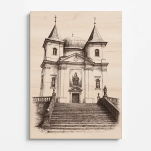 Dřevěný obraz s laserovým gravírováním baziliky Nanebevzetí Panny Marie na Svatém Hostýně, detailní zobrazení schodiště a architektury poutního místa.