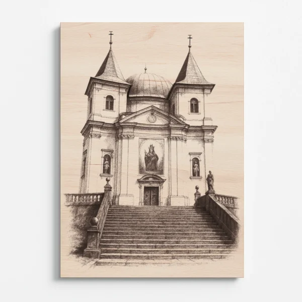 Dřevěný obraz s laserovým gravírováním baziliky Nanebevzetí Panny Marie na Svatém Hostýně, detailní zobrazení schodiště a architektury poutního místa.