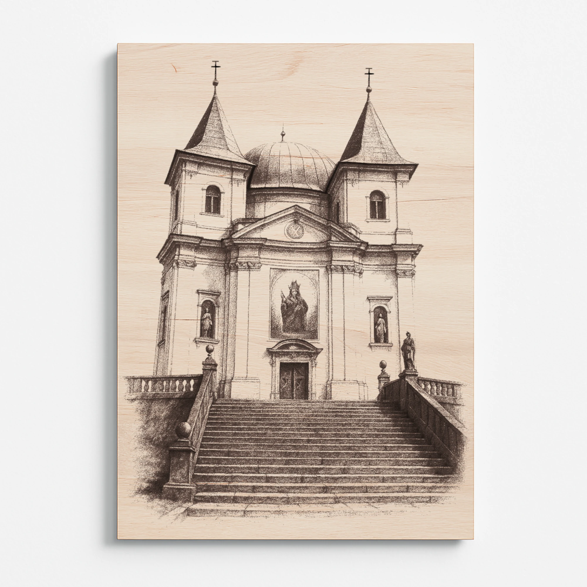 Dřevěný obraz s laserovým gravírováním baziliky Nanebevzetí Panny Marie na Svatém Hostýně, detailní zobrazení schodiště a architektury poutního místa.