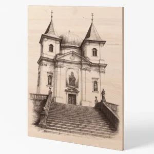 Gravírovaný dřevěný obraz baziliky na Svatém Hostýně z bočního pohledu, zvýrazněná struktura bukové překližky a jemné vypálené linie.