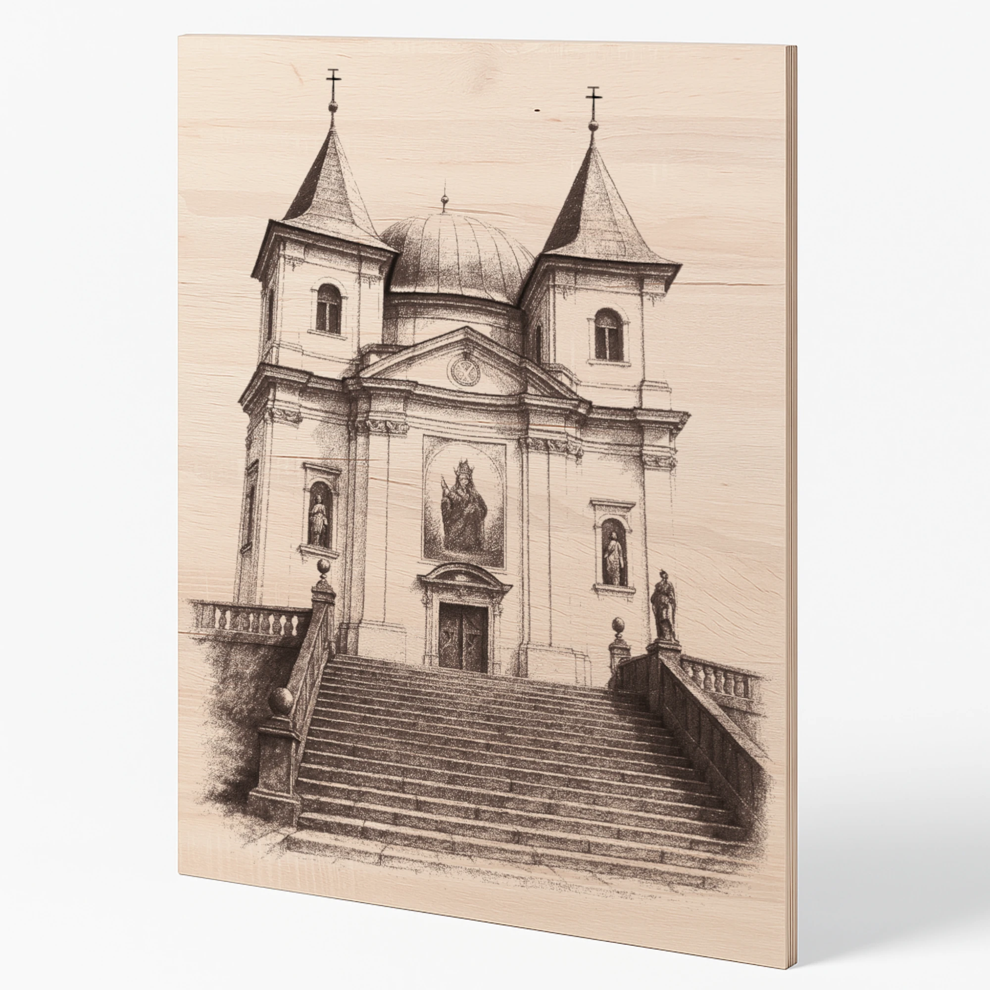 Gravírovaný dřevěný obraz baziliky na Svatém Hostýně z bočního pohledu, zvýrazněná struktura bukové překližky a jemné vypálené linie.