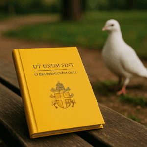 Na dřevěné lavičce v parku leží tenká žlutá brožura s názvem Ut unum sint – O ekumenickém úsilí. V pozadí stojí bílá holubice v jemném slunečním světle.