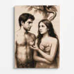 Gravírovaný obraz Adama a Evy s hadem a jablkem na bukové překližce.