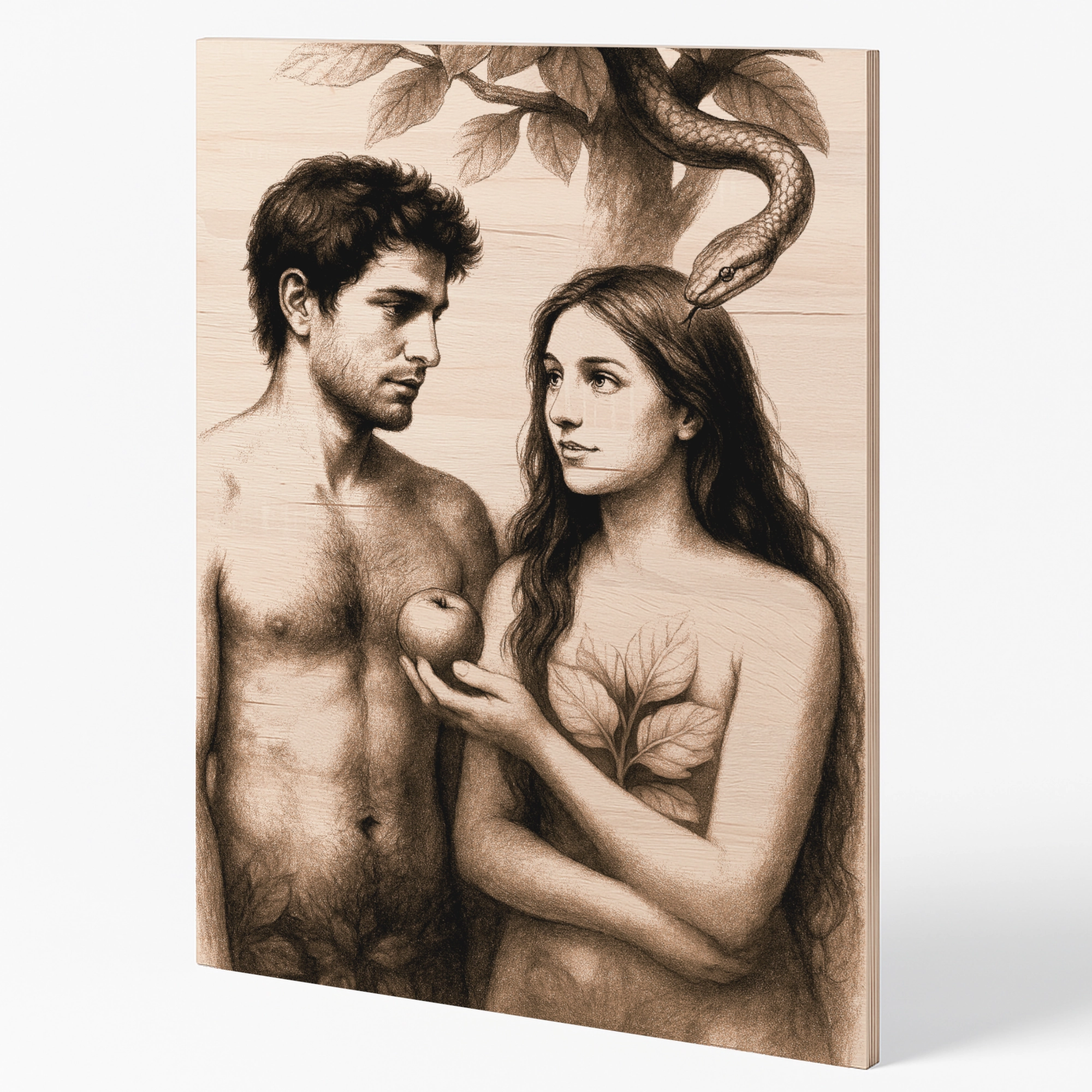 Boční pohled na gravírovaný obraz Adama a Evy u stromu poznání.