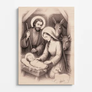 Dřevěný obraz Betlémská stáj se Svatou rodinou, Ježíškem v jesličkách, Marií, Josefem a zvířaty, gravírovaný do bukové překližky.
