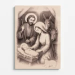 Dřevěný obraz Betlémská stáj se Svatou rodinou, Ježíškem v jesličkách, Marií, Josefem a zvířaty, gravírovaný do bukové překližky.