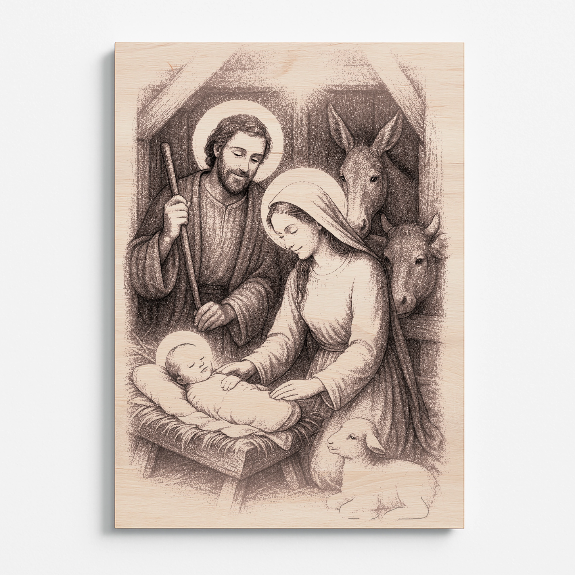 Dřevěný obraz Betlémská stáj se Svatou rodinou, Ježíškem v jesličkách, Marií, Josefem a zvířaty, gravírovaný do bukové překližky.