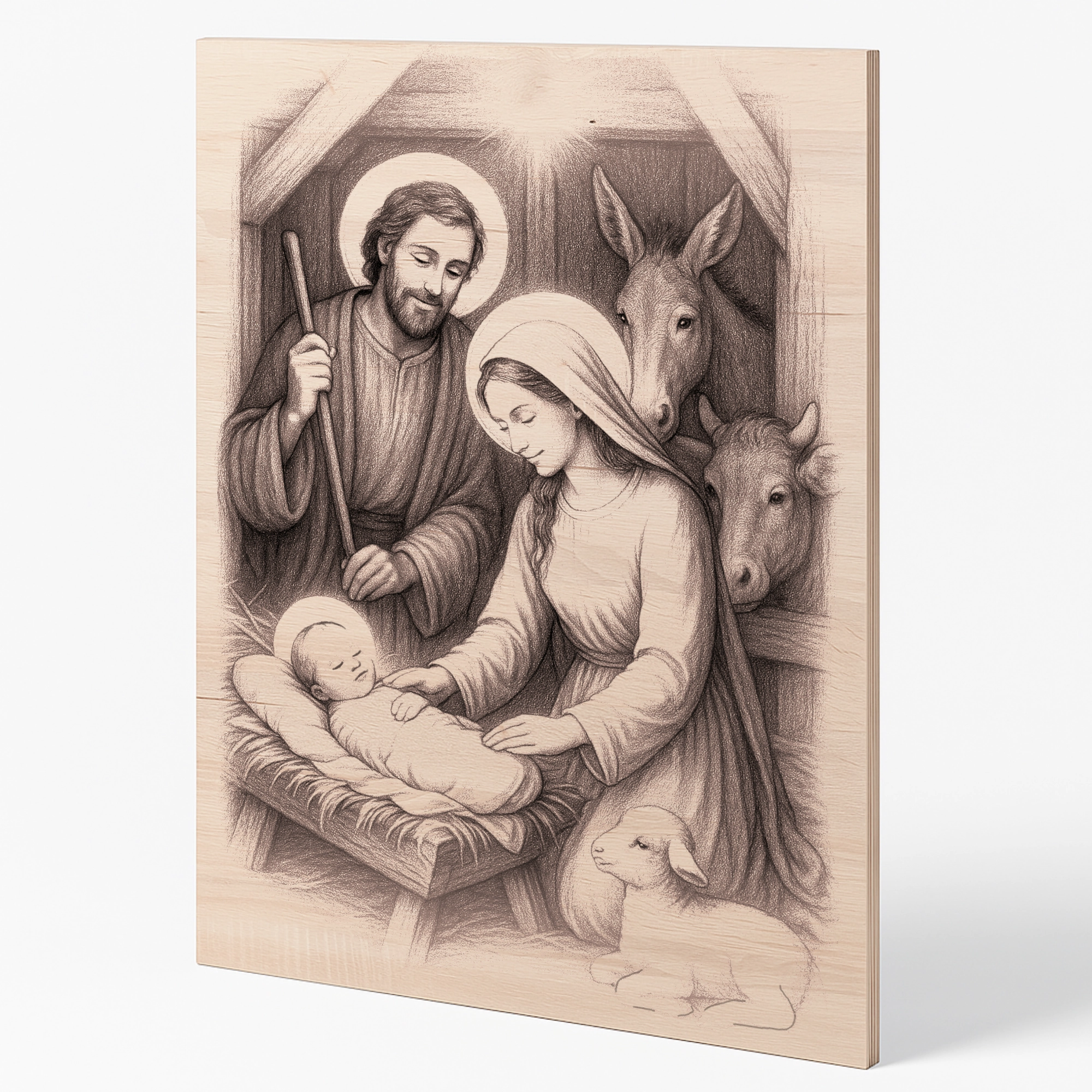Detailní gravírovaný obraz Svaté rodiny v betlémské stáji na bukové překližce, zachycený v prostorovém bočním pohledu.