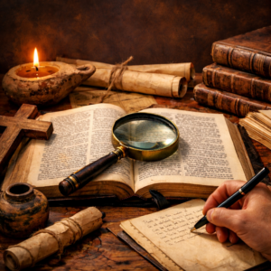Otevřená stará Bible na dřevěném stole, detail textu zkoumaného lupou, vedle svítilna, dřevěný kříž, svitky a ručně psané poznámky – symbol studia a výkladu Písma.