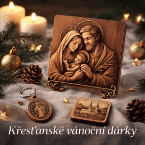 Stylově naaranžované křesťanské vánoční dárky – dřevěný reliéf Svaté rodiny, dřevěná Zázračná medaile jako klíčenka a magnet s poutním místem, obklopené svíčkami, větvičkami a vánoční výzdobou.