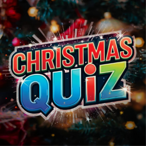 Christmas Quiz – vánoční kvíz s barevným nápisem na pozadí vánočního stromku se světly.
