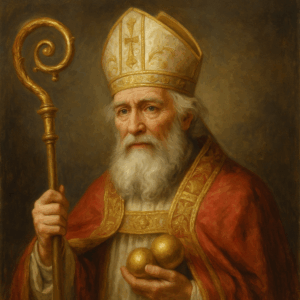 Realistický portrét svatého Mikuláše v biskupském oděvu, s berlou a třemi zlatými koulemi v ruce, v jemném teplém světle.