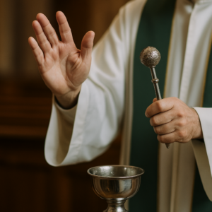 Kněz v liturgickém rouchu žehná věřícím; pravou rukou má zdviženou v požehnání a v levé drží kropenku s aspergilem nad miskou s svěcenou vodou.
