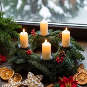 U okna pokrytého jemným námrazovým vzorem stojí jednoduchý adventní věnec z čerstvého jehličí. Čtyři krémově bílé svíčky v matných černých svícnech – dvě už tiše hoří a jejich teplé světlo se odráží na skle. Kolem věnce jsou rozházené sušené plátky pomeranče, pár skořicových tyčinek, červené bobule a dvě velké perníkové hvězdy s bílou polevou. Za oknem tiše padá sníh a v dálce prosvítají rozmazaná světýlka z venkovního osvětlení. Celá scéna působí klidně, útulně a trochu kouzelně – přesně tak, jak má první adventní neděle vonět a vypadat.
