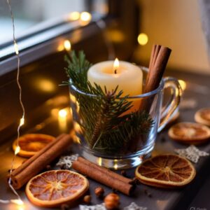 Na tmavém parapetu stojí obyčejná skleněná váza – uvnitř hoří jedna tlustá krémová svíčka, kolem ní se vinou čerstvé jehličnaté větvičky, pár skořicových tyčinek a rozházené plátky sušeného pomeranče s celým hřebíčkem. Teplé světlo svíčky se láme ve skle a odráží se v drobných kapkách deště na okenní tabuli. Za oknem visí jen pár jednoduchých bílých papírových hvězd a tenký drátek s teplými mikro-LED světýlky – žádné blikání, jen tiché, stálé světlo. Celá scéna voní jehličím, skořicí a pomerančem, přesně tak, jak má vonět advent před tím, než přijdou Vánoce naplno. Jednoduché, pomalé, voňavé očekávání.