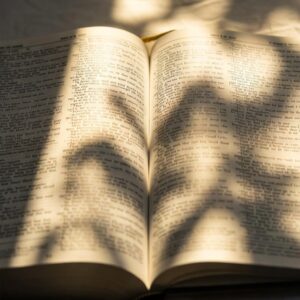 Otevřená Bible s českým textem Nového zákona na stole, v pozadí police plné knih, měkké přirozené osvětlení.