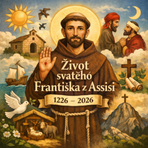 Ilustrace svatého Františka z Assisi s viditelnými stigmaty, symboly jeho života a letopočty 1226–2026 k 800. výročí smrti.