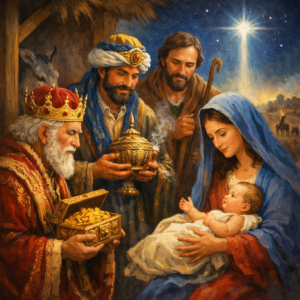 Tři králové klečí u jeslí a klaní se malému Ježíši, Maria drží dítě, Josef stojí opodál, nad Betlémem svítí betlémská hvězda.