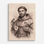Gravírovaný dřevěný obraz svatého Františka z Assisi na bukové překližce, čelní pohled, jemná kresba s motivem ptáků a přírodní strukturou dřeva.