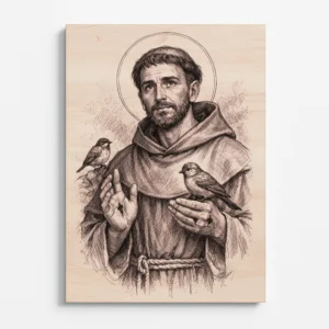 Gravírovaný dřevěný obraz svatého Františka z Assisi na bukové překližce, čelní pohled, jemná kresba s motivem ptáků a přírodní strukturou dřeva.