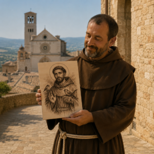 Františkánský mnich drží dřevěný obraz svatého Františka z Assisi v historických uličkách italského Assisi. V pozadí se tyčí bazilika svatého Františka a kamenná architektura zalitá zlatým sluncem, která podtrhuje hlubokou spiritualitu a františkánského ducha místa.