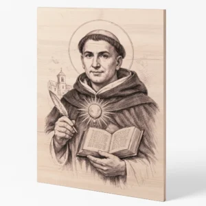 Dřevěný obraz z bukové překližky s gravírovaným motivem svatého Tomáše Akvinského, šikmý pohled zvýrazňující tloušťku materiálu.