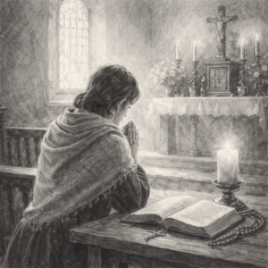 Černobílá tužková kresba zobrazující člověka klečícího v tiché modlitbě v kostele. Postava se sklání nad otevřenou Biblí na dřevěném stole, vedle ní hoří svíce a leží růženec. V pozadí je oltář s krucifixem a světlo pronikající oknem vytváří klidnou duchovní atmosféru modlitby a rozjímání.