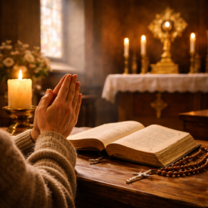Fotografie zachycující ruce sepjaté v modlitbě nad otevřenou Biblí na dřevěném stole v tichém kostele. Vedle knihy leží růženec s křížkem a hořící svíce. V pozadí je rozostřený oltář s monstrancí a svícemi, který vytváří klidnou a soustředěnou atmosféru osobní modlitby a adorace.