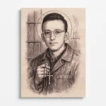 Detailní gravírovaný portrét blahoslaveného Janka Havlíka vyrytý do světlé bukové překližky. Mladý slovenský seminarista je zobrazen s kulatými brýlemi a krátkými vlasy, kolem hlavy má jemnou svatozář symbolizující jeho blahoslavenství. V ruce drží růženec s křížkem, který představuje jeho hlubokou víru a modlitbu během věznění v době komunistického režimu. Za jeho postavou jsou naznačeny vězeňské mříže, které symbolizují jeho utrpení a věrnost církvi navzdory pronásledování. Gravírování vytváří jemný efekt kresby tužkou a zvýrazňuje detaily obličeje, oděvu i modlitebního růžence.