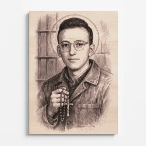 Detailní gravírovaný portrét blahoslaveného Janka Havlíka vyrytý do světlé bukové překližky. Mladý slovenský seminarista je zobrazen s kulatými brýlemi a krátkými vlasy, kolem hlavy má jemnou svatozář symbolizující jeho blahoslavenství. V ruce drží růženec s křížkem, který představuje jeho hlubokou víru a modlitbu během věznění v době komunistického režimu. Za jeho postavou jsou naznačeny vězeňské mříže, které symbolizují jeho utrpení a věrnost církvi navzdory pronásledování. Gravírování vytváří jemný efekt kresby tužkou a zvýrazňuje detaily obličeje, oděvu i modlitebního růžence.
