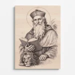 Detailní gravírovaný portrét svatého Jeronýma vyrytý do světlé bukové překližky v čelním pohledu. Svatý Jeroným je zobrazen jako starší učenec s dlouhým plnovousem, v řeholním plášti a s kardinálskou čepicí. Kolem jeho hlavy je kruhová svatozář. V rukou drží otevřenou knihu, která představuje Bibli a jeho slavné dílo – latinský překlad Písma svatého známý jako Vulgáta. U jeho nohou leží lev s hustou hřívou, symbolický atribut spojený s jeho životem a legendami. Celý motiv je vytvořen jemným laserovým gravírováním, které na dřevěném povrchu vytváří efekt realistické kresby s výraznými detaily obličeje, rukou, knihy i zvířete.