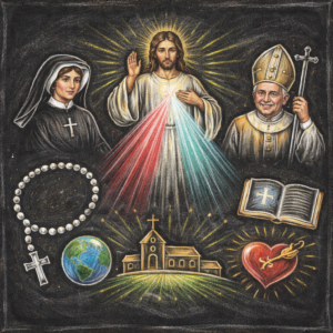 Barevná ilustrace ve stylu křídové kresby na tabuli: uprostřed stojí Ježíš Kristus s paprsky milosrdenství vycházejícími z jeho srdce, po stranách stojí řeholnice a papež, kolem jsou symboly víry – růženec, kříž, otevřená Bible, kostel, zeměkoule a srdce.