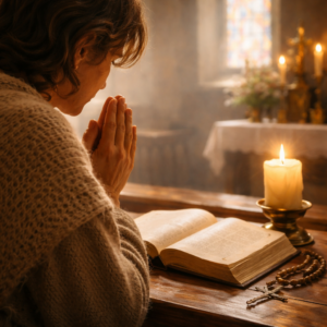 Fotografie zachycující člověka v tiché modlitbě v kostele. Postava klečí u dřevěné lavice s sepjatýma rukama, před sebou má otevřenou Bibli a zapálenou svíci. Na stole leží také růženec s křížkem a v pozadí je jemně osvětlený oltář, což vytváří klidnou a soustředěnou atmosféru osobní modlitby.