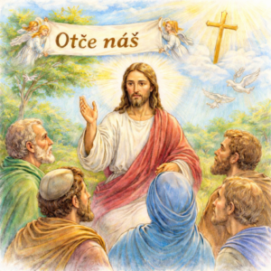 Barevná ilustrace ve stylu kresby pastelkami znázorňuje Ježíše Krista, který učí své učedníky modlitbu Otče náš. Ježíš stojí uprostřed skupiny učedníků v přírodní krajině, má bílé roucho a červený plášť a zvednutou rukou vysvětluje modlitbu. Učedníci sedí kolem něj a pozorně naslouchají. Nad nimi drží dva andělé svitek s nápisem „Otče náš“. V pozadí je zářivý kříž, letící holubice a světlé nebe, které symbolizuje Boží přítomnost. Celá ilustrace působí jako jemná ručně kreslená kresba vybarvená pastelkami v teplých a klidných barvách.