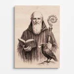 Dřevěný obraz svatého Benedikta z Nursie s gravírováním, čelní pohled, postava s knihou a havranem