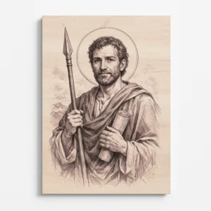 Sv. Tomáš apoštol s kopím a svitkem – gravírovaný portrét na dřevě Gravírovaný obraz svatého Tomáše apoštola s kopím a svatozáří Dřevěný gravírovaný portrét sv. Tomáše, jednoho z dvanácti apoštolů Umělecké gravírování sv. Tomáše apoštola držícího kopí a svitek Svatý Tomáš apoštol – detailní gravírovaná ilustrace na světlém dřevě