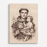 Dřevěný obraz svatého Antonína Paduánského s Ježíškem, detailní gravírování, čelní pohled