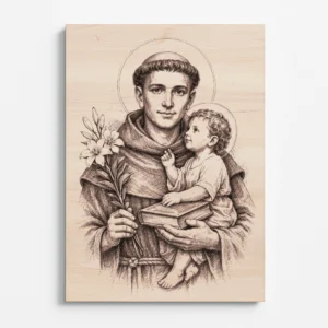 Dřevěný obraz svatého Antonína Paduánského s Ježíškem, detailní gravírování, čelní pohled