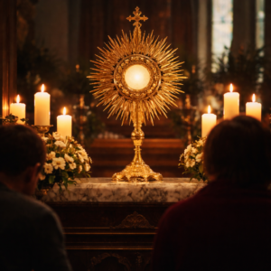 Eucharistická adorace v katolickém kostele – zlatá monstrance s Nejsvětější svátostí na oltáři, zapálené svíce a věřící v tichém rozjímání před Kristem.