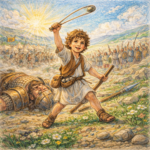 Čtvercová ilustrace kreslená pastelkami zachycuje malého pastýře Davida s rozcuchanými vlasy a přirozeným dětským obličejem, jak odvážně zvedá prak k nebi; za ním leží poražený obr Goliáš v těžkém brnění, zatímco v pozadí jásají izraelští vojáci pod jasnou oblohou zalitou sluncem, plnou naděje, vítězství a Boží moci.