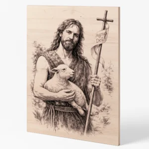 Svatý Jan Křtitel – gravírovaný obraz na dřevě | Křesťanský motiv Agnus Dei