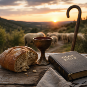 Ježíš jako dobrý pastýř a chléb života – eucharistický chléb, kalich a Bible na stole při západu slunce s pastýřskou holí a stádem ovcí v pozadí, symbol křesťanské víry a Boží blízkosti