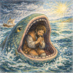 Čtvercová ilustrace kreslená pastelkami zachycuje proroka Jonáše schouleného v tlamě obrovské ryby uprostřed rozbouřeného moře; vlny se zvedají kolem něj, v dálce zápasí loď s bouří, zatímco nad scénou proráží mraky jasné světlo jako znamení Boží přítomnosti, naděje a záchrany.