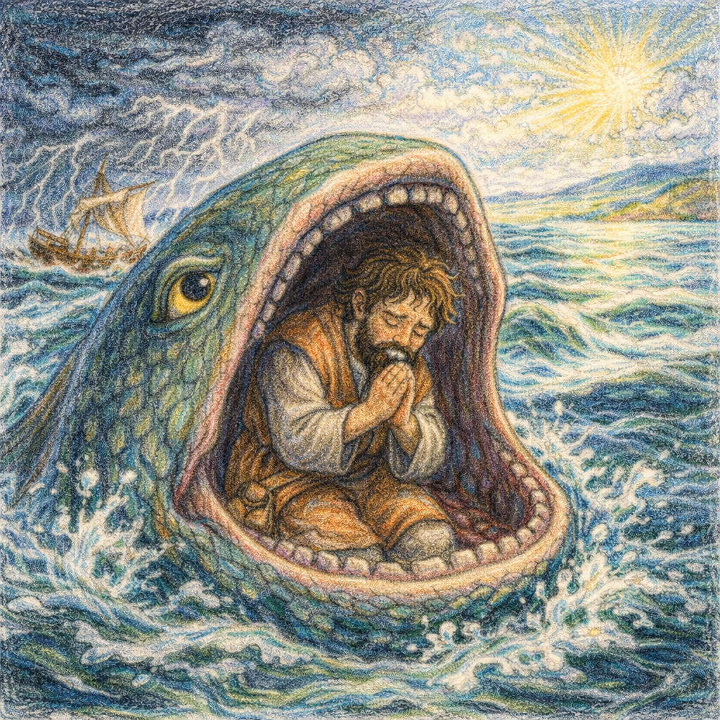 Čtvercová ilustrace kreslená pastelkami zachycuje proroka Jonáše schouleného v tlamě obrovské ryby uprostřed rozbouřeného moře; vlny se zvedají kolem něj, v dálce zápasí loď s bouří, zatímco nad scénou proráží mraky jasné světlo jako znamení Boží přítomnosti, naděje a záchrany.